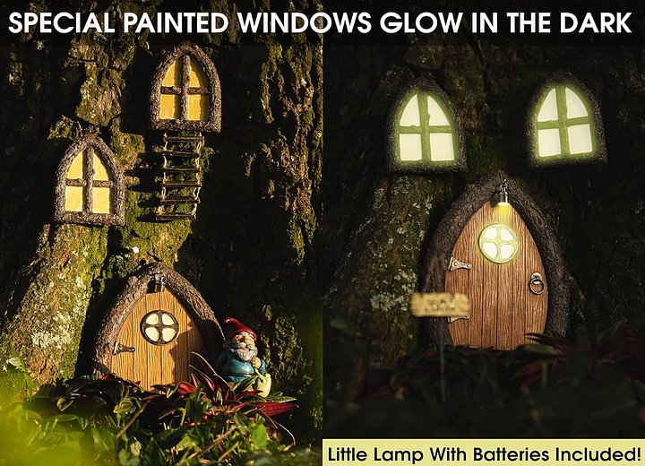 Fairy Door and Windows for Trees – Glow in The Dark Yard Art Sculpture Decoration for Kids Room, Wall and Trees Outdoor | Miniature Fairy Garden Outdoor Decor Accessories with Secret Garden Sign product image (2)