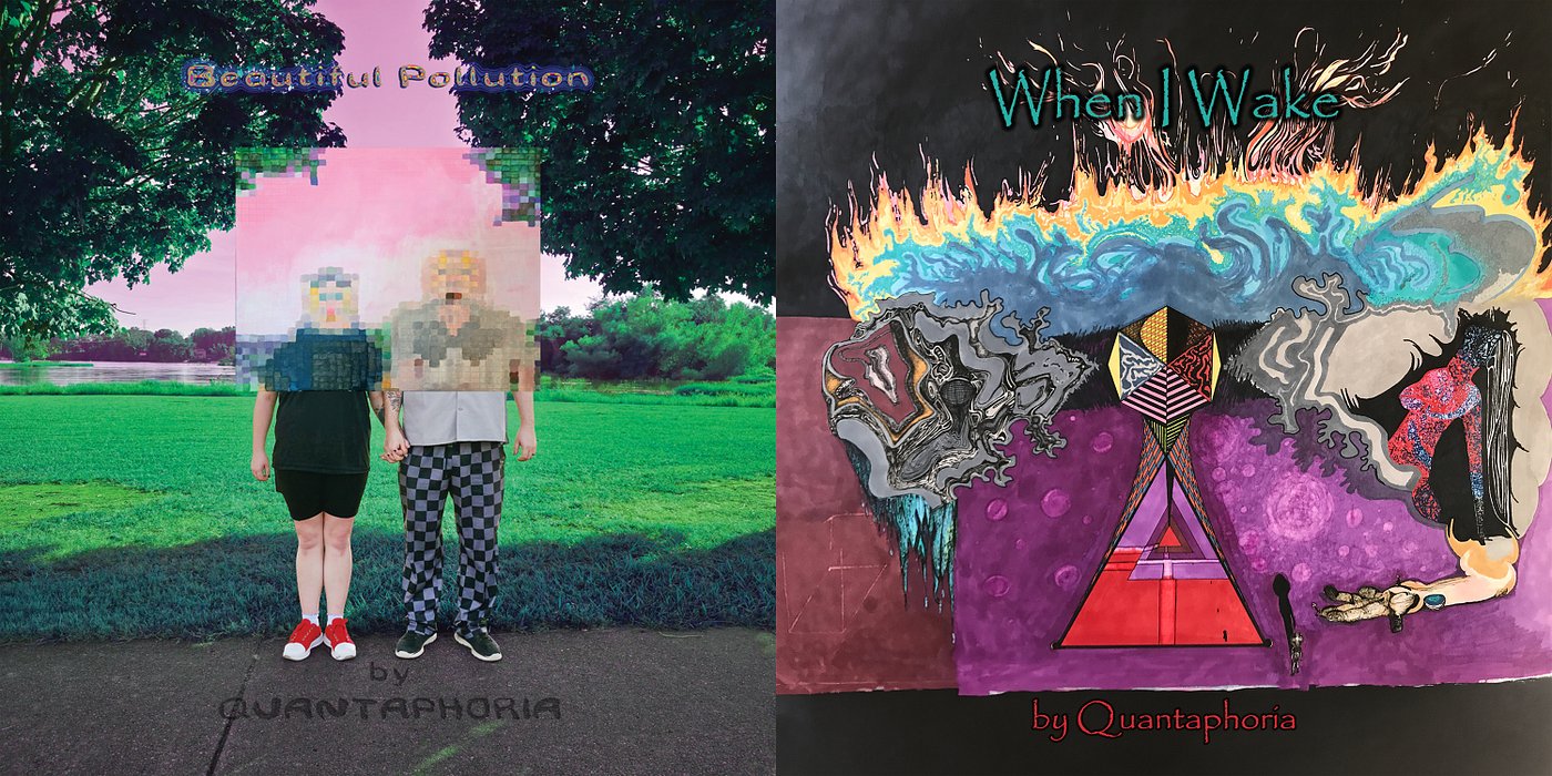 A single image of both album cover squares side-by-side of Quantaphoria's first and second album When I Wake and Beautiful Pollution.  Both albums hand-drawn, hand-painted, and a mixed media of photography and hand-made/digital art.