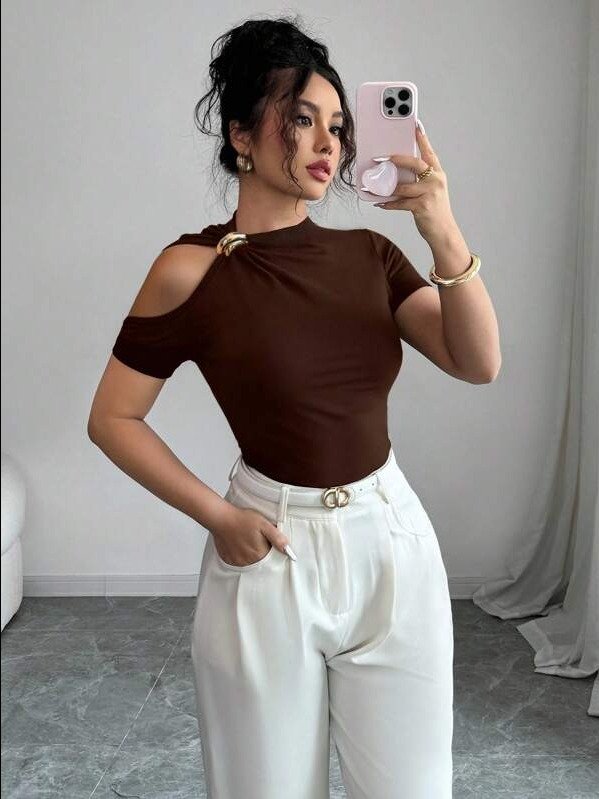 ADLEST Elenzga Women Short Sleeve Metal Decorated Hollow Out Solid Color Fashion T-Shirt product image (2)