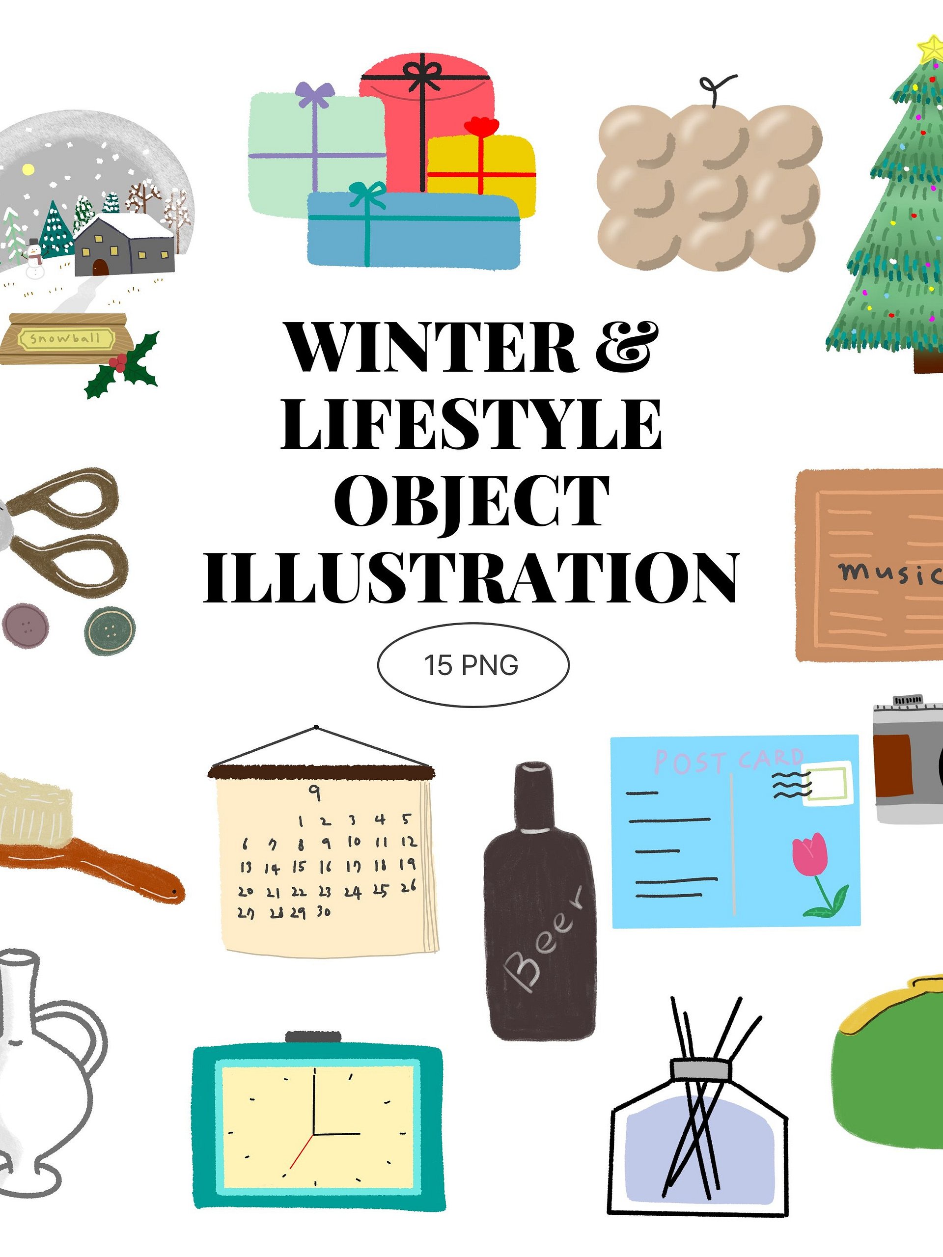 16 Hand-Drawn Winter & Lifestyle Object PNG Clipart Bundle product image (2)