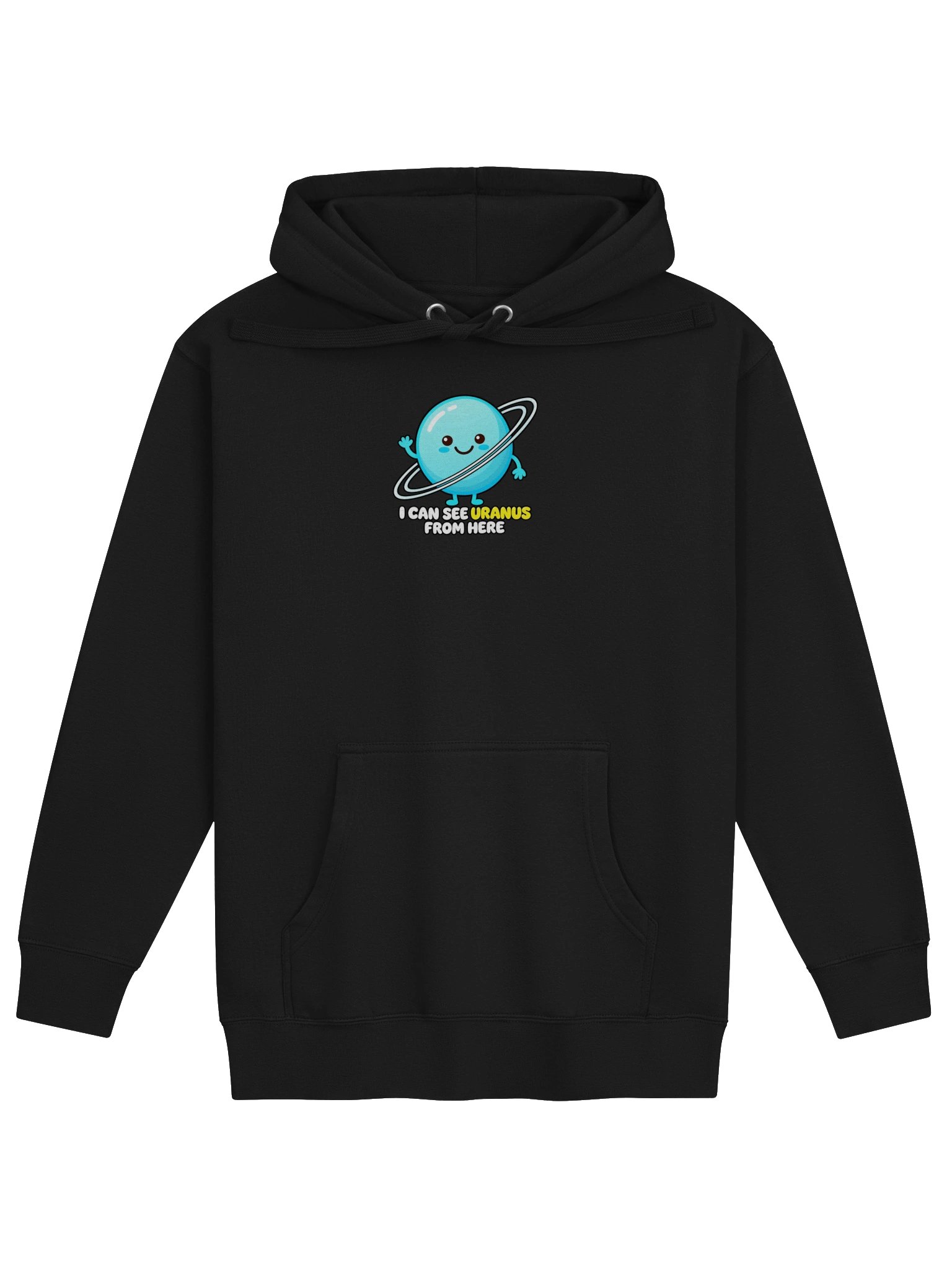 Black hoodie with the illustrated Uranus chest print