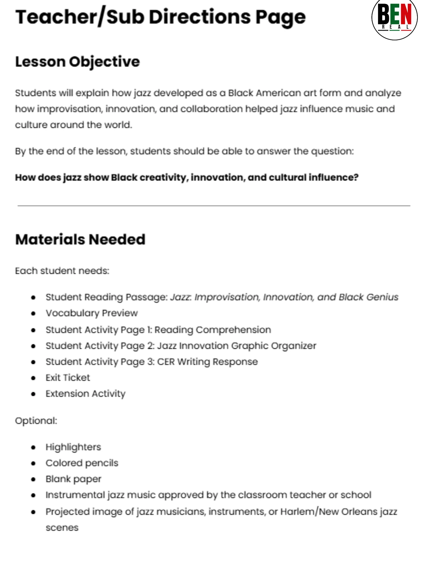 Black History 365 Sub Plan: Jazz: Improvisation, Innovation, and Black Genius| Middle School Music| 60-Minute Lesson product image (4)