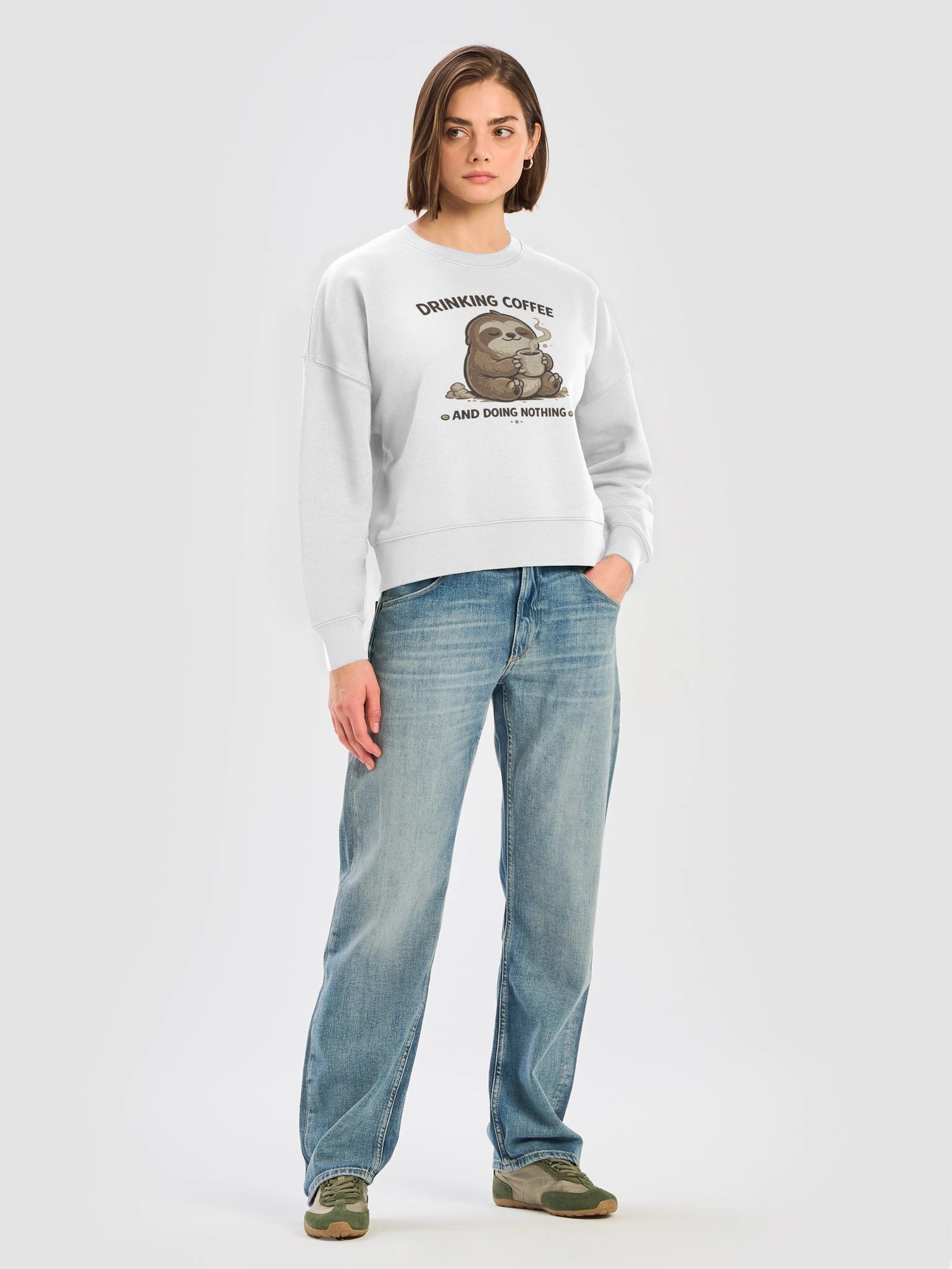 "Drinking Coffee and Doing Nothing" — Cropped White Crewneck product image (2)
