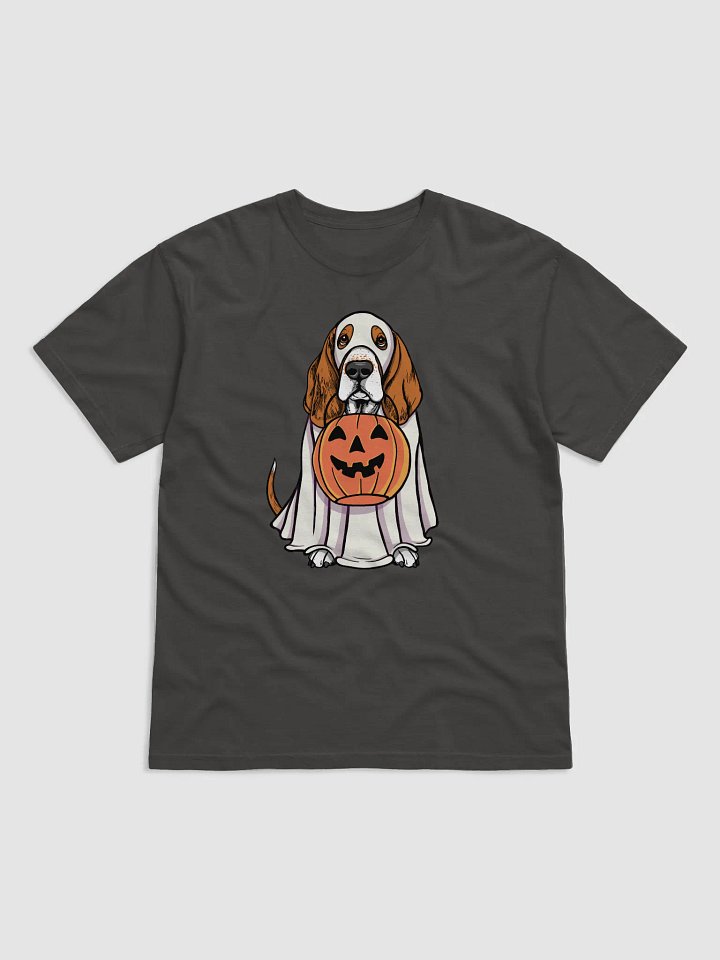 Funny Halloween Basset Hound T-Shirt | Funny Basset Hound Wearing a Ghost Costume and Holding a Pumpkin Basket product image (1)