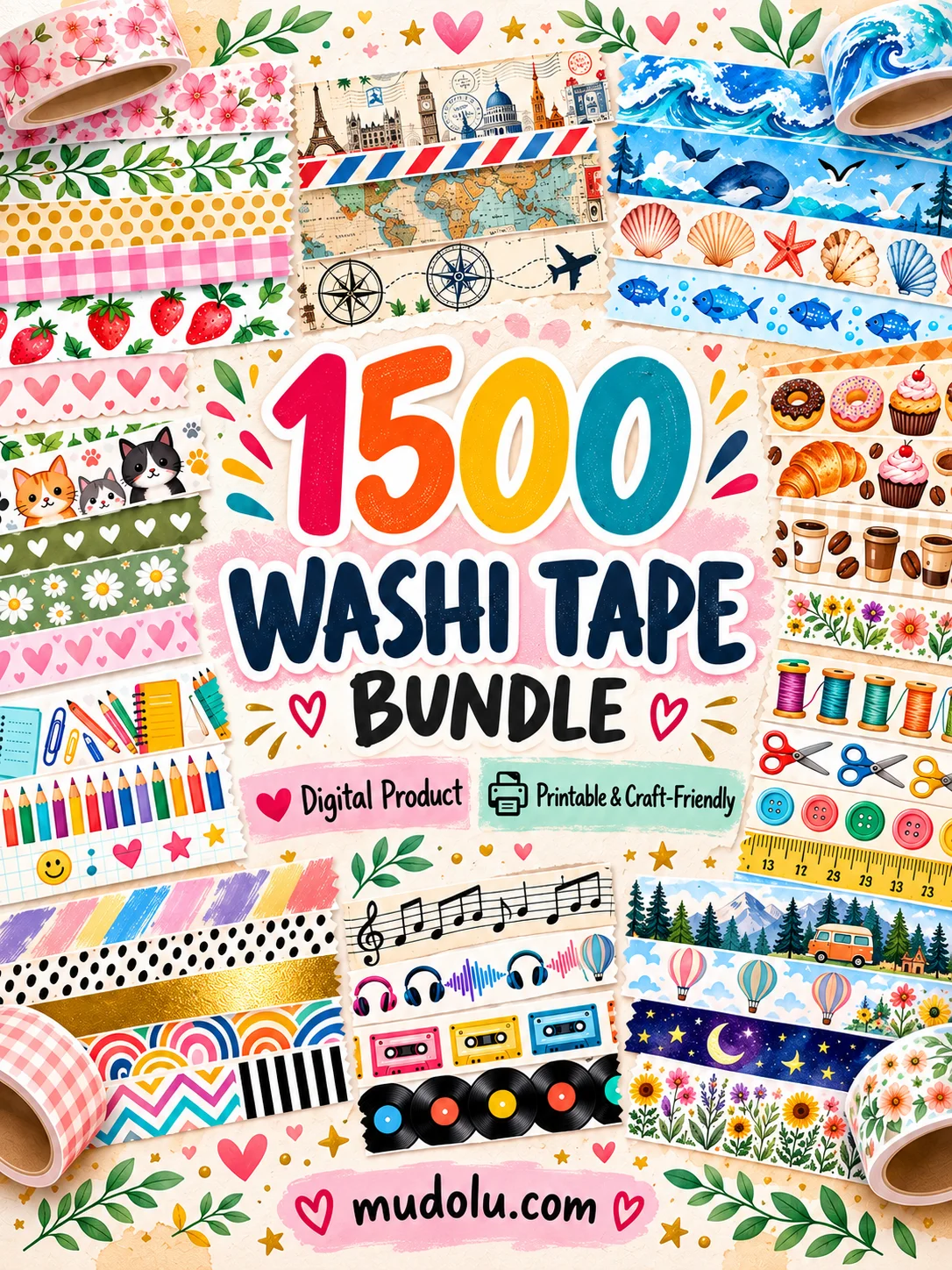 1500 Printable Washi Tape Bundle, Digital PNG Strips, Floral Ocean Travel Designs, Scrapbook Borders, Journal Ephemera product image (4)