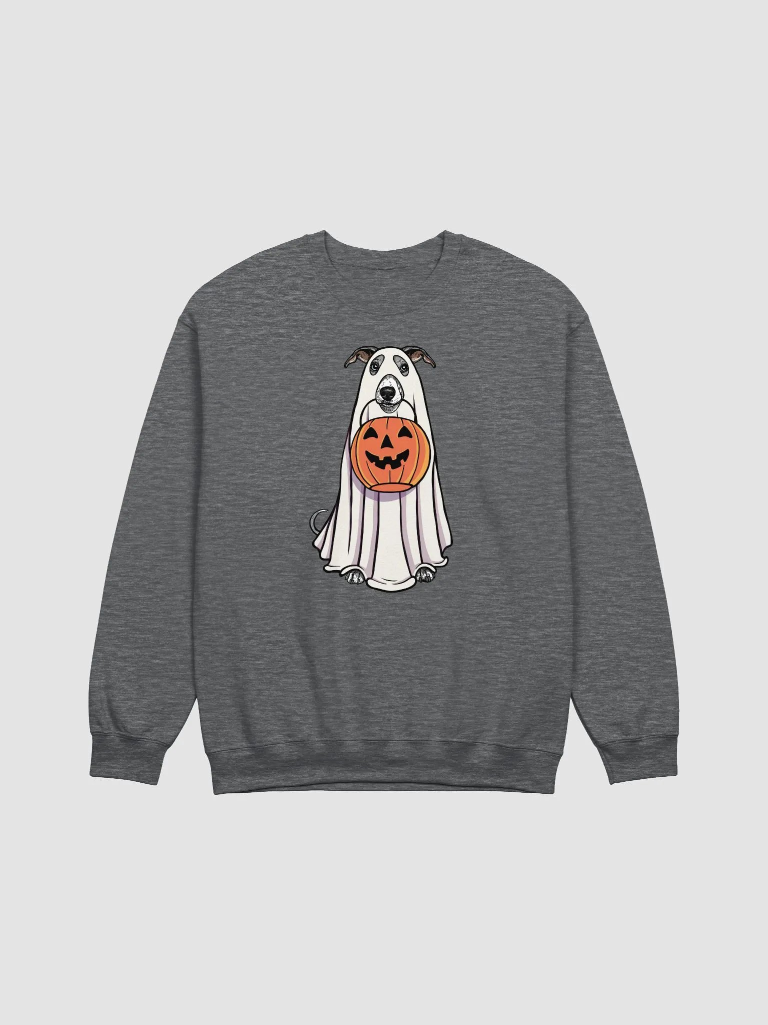 Funny Halloween Whippet(Blue & White) Sweatshirt | Funny Dog Wearing a Ghost Costume and Holding a Pumpkin Basket product image (1)