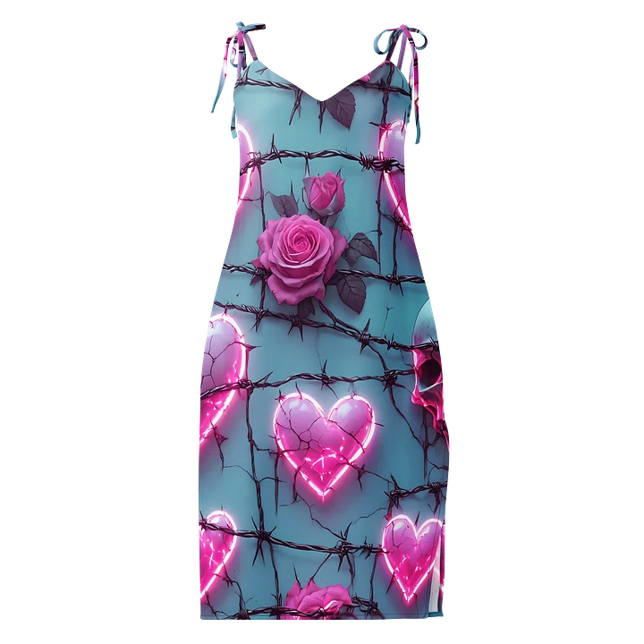 Neon Barbed Rose Heart Midi Slip Dress - Glow Pink Shattered Hearts & Roses Chiffon Halter Dress with Slit product image (1)