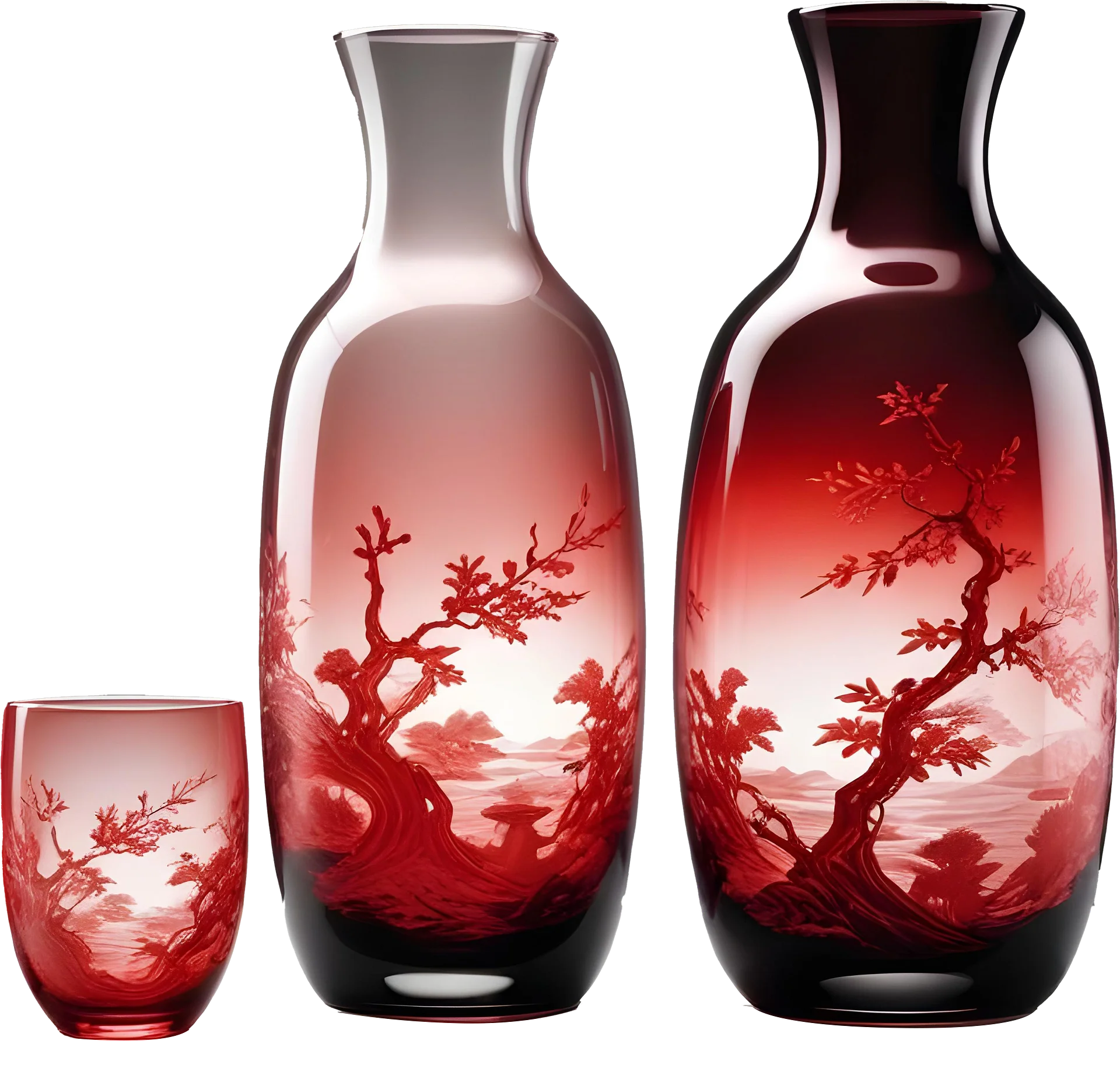 Chinese Glass Vase Set – Crimson Landscape Elegance PNG product image (1)
