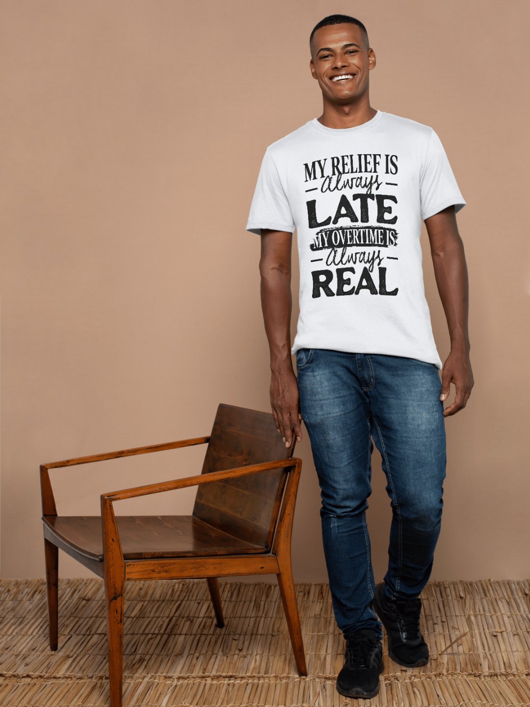 Hotel T-Shirt – My Relief is Always Late, My Overtime is Always Real (White) product image (10)