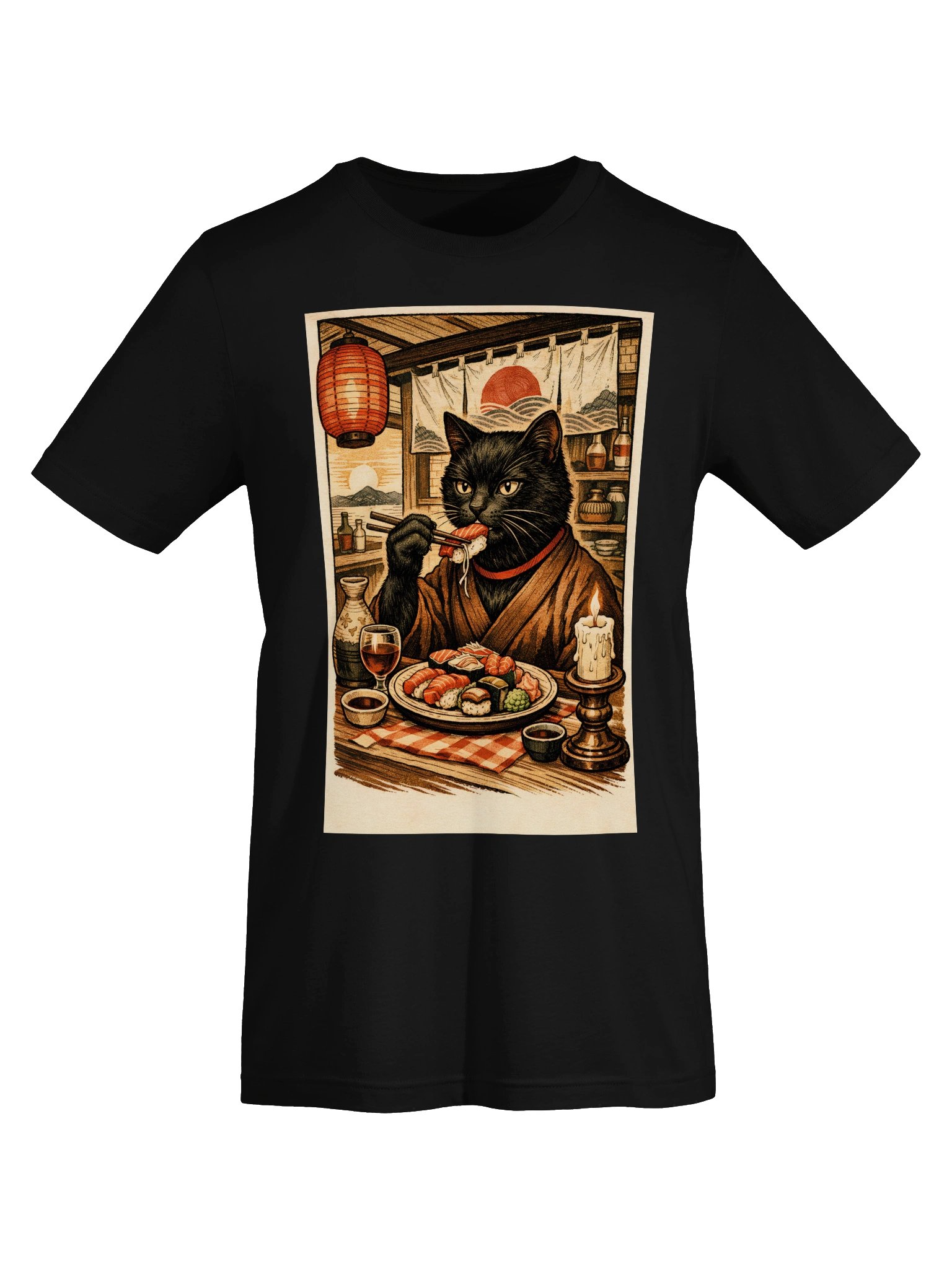 Japanese Sushi Cat T-Shirt - Vintage Ukiyo-e Black Cat Foodie Tee product image (31)