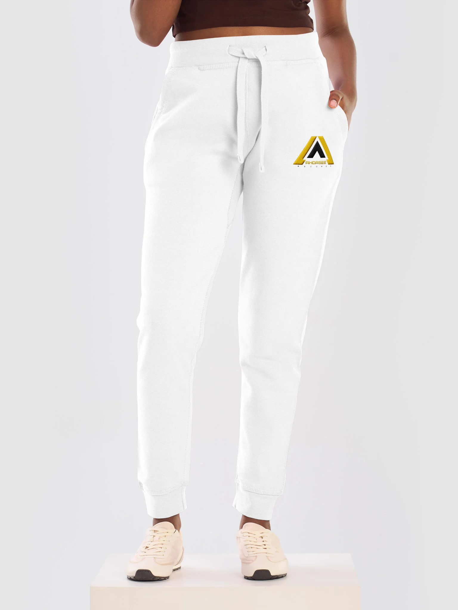 Ahdasee Records Official Logo Embroidered Joggers – White (Gold/Black) product image (3)