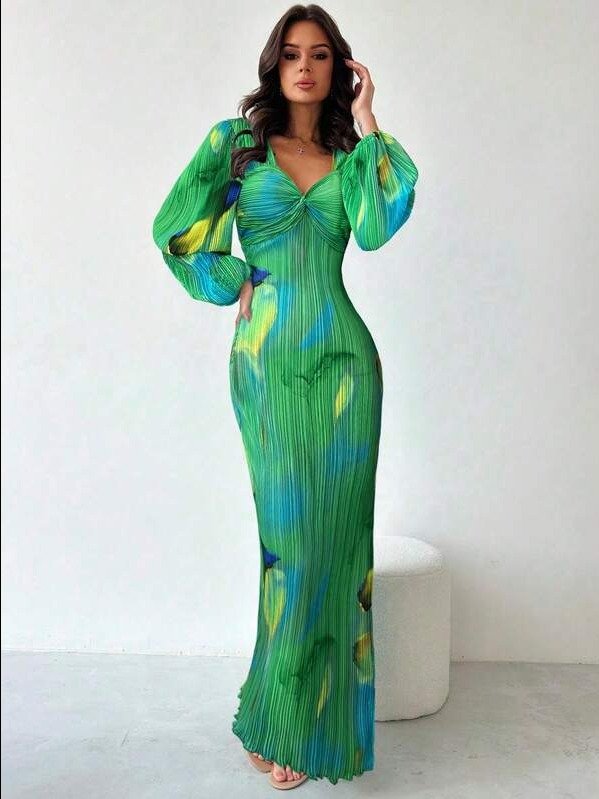 ADLEST Women Tie Dye Pleated Lantern Sleeve Dress product image (2)