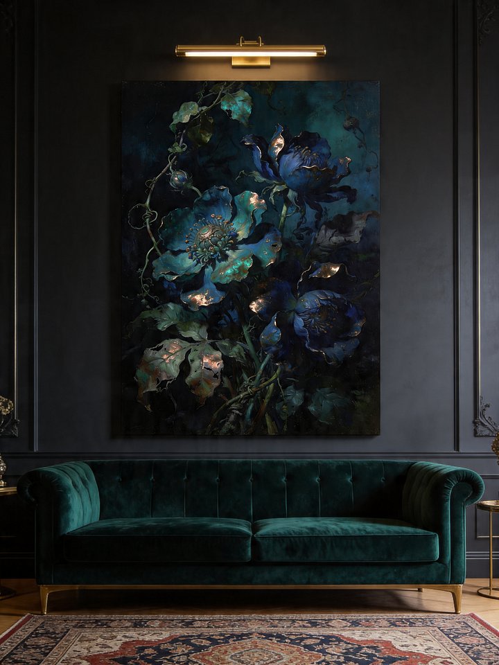 Midnight Blue Peonies | Dark Botanical Oil Painting Print | Gold Leaf Floral Canvas Art | Moody Maximalist Wall Decor | Dutch Master Floral Art Print product image (2)