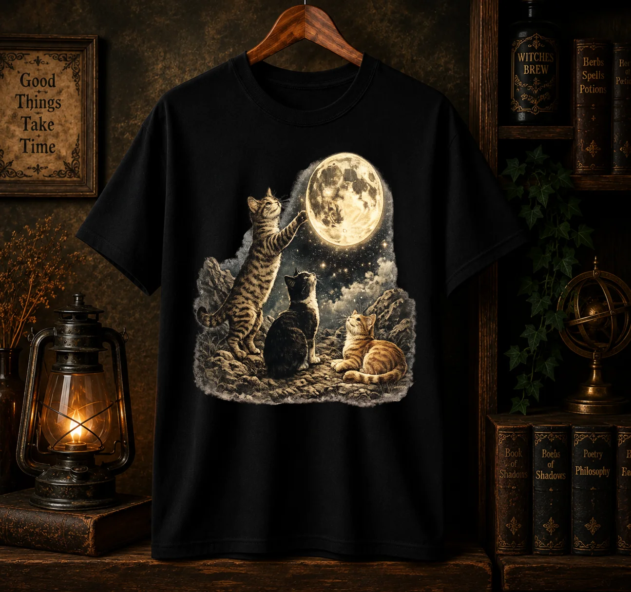 Moonlit Cats Graphic Tee | Celestial Full Moon Vintage Shirt product image (1)