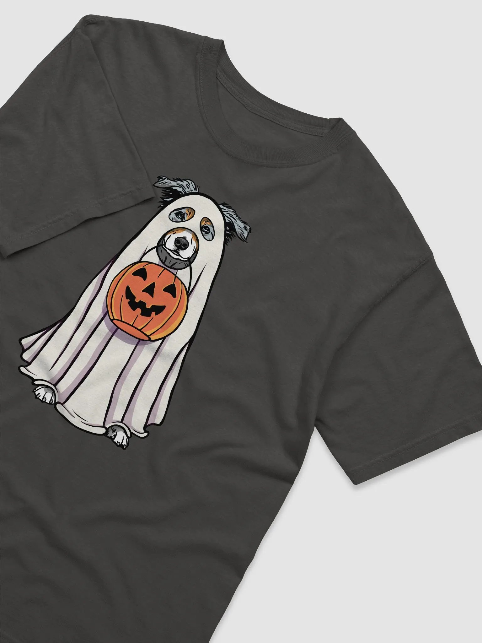 Funny Halloween Australian Shepherd(Blue Merle)T-Shirt | Funny Aussie Wearing a Ghost Costume and Holding a Pumpkin Basket product image (6)