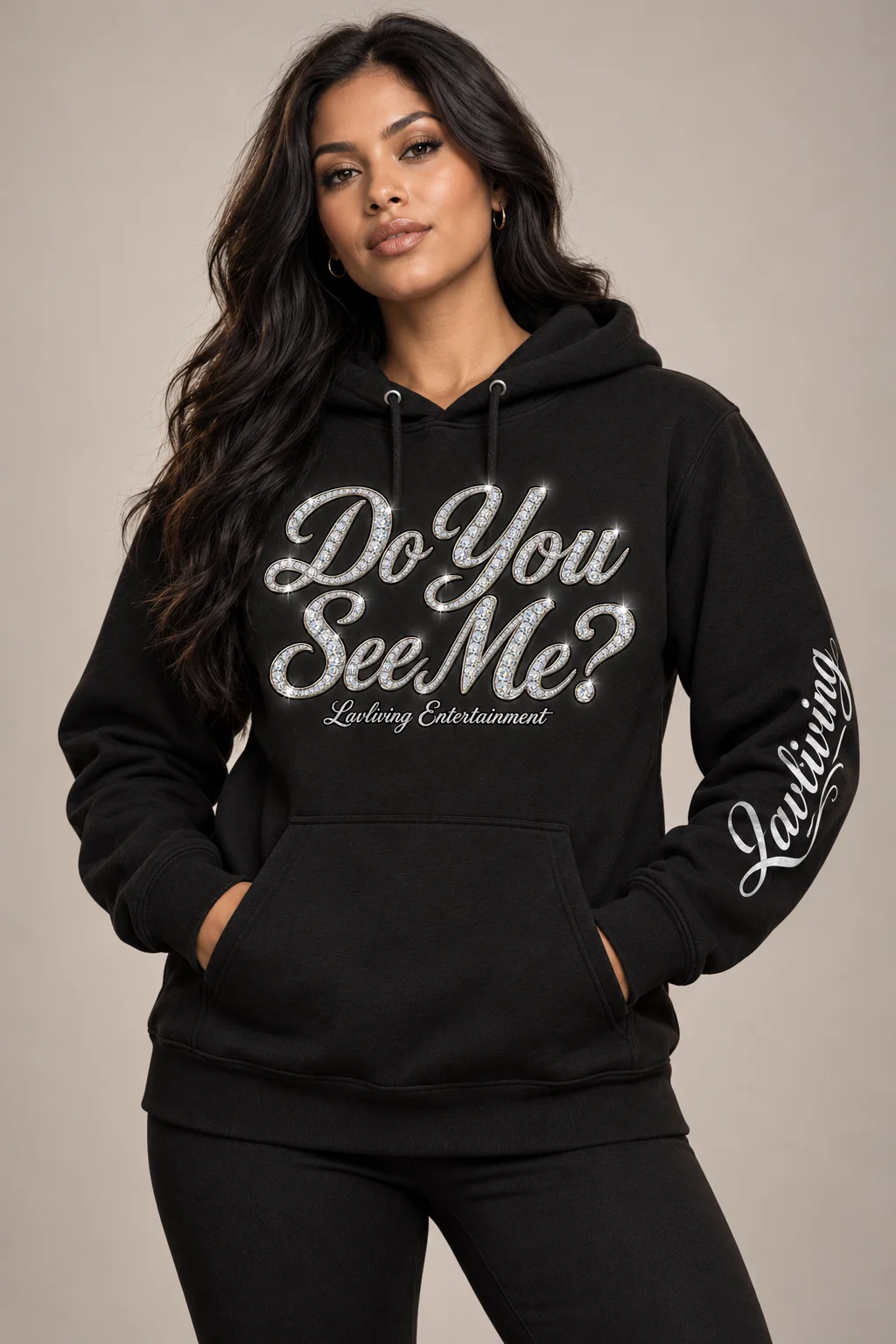 Model wearing the black Lavliving — Do You See Me? Diamond Hoodie with the garment design visible.