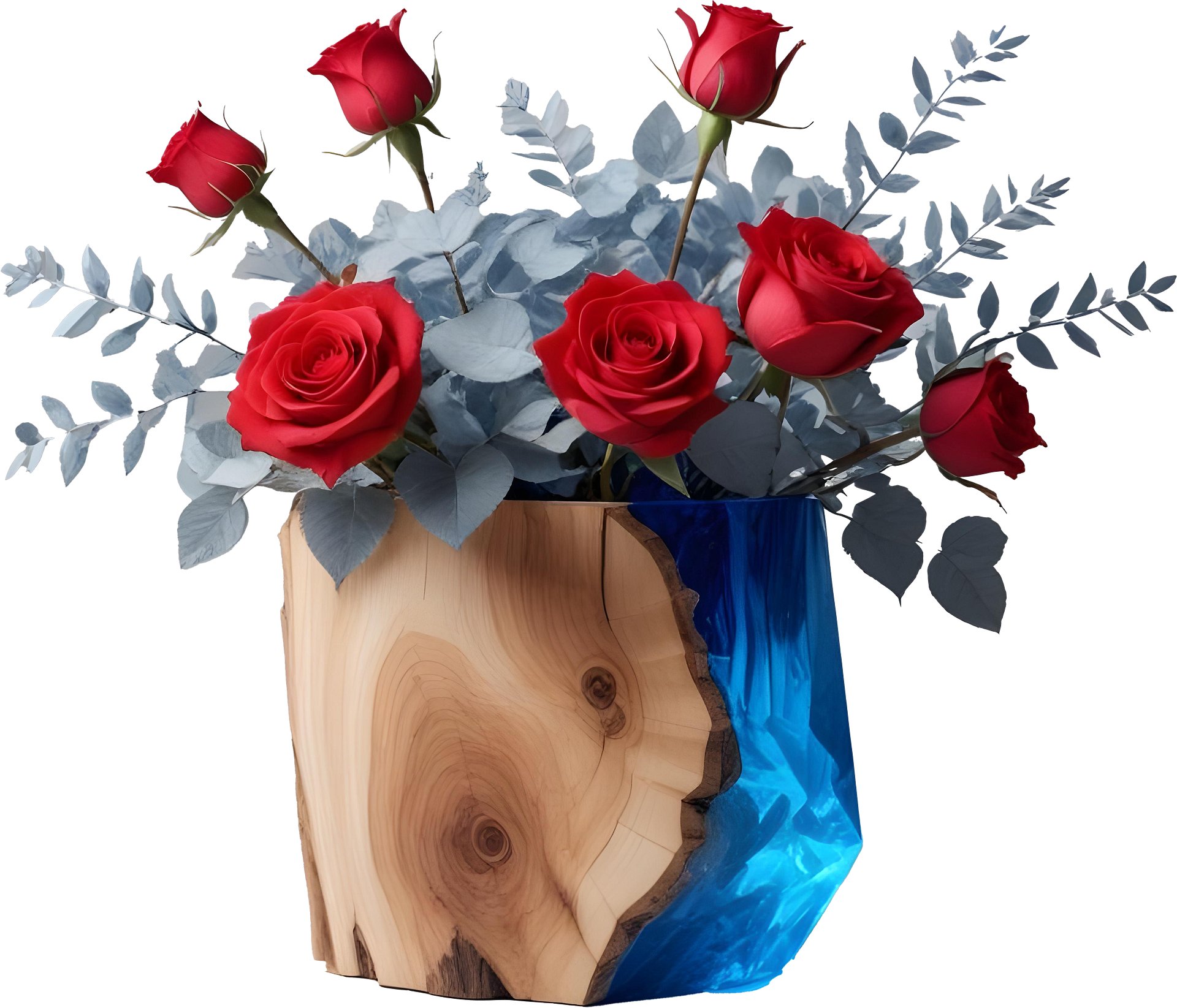 Blue Radiance – Wood and Resin Rose Vase PNG product image (1)