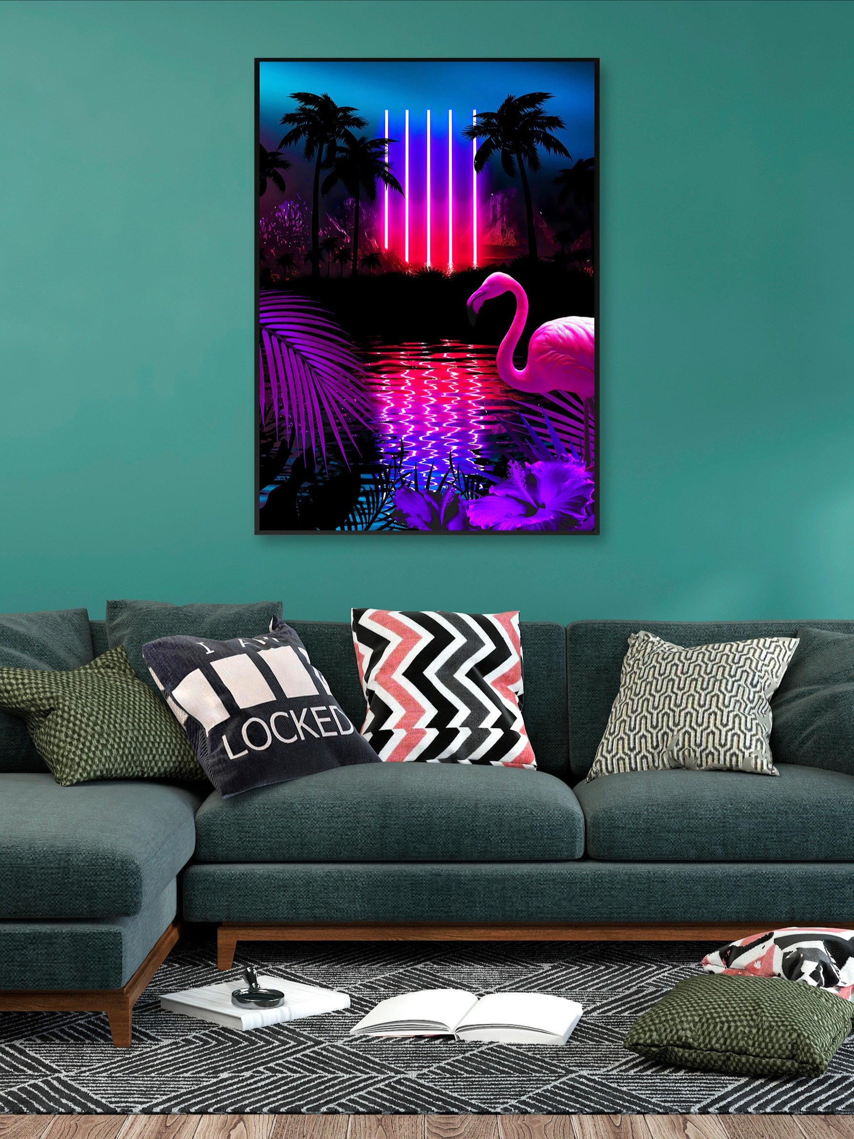 Neon landscape: Neon pillars & flamingo [synthwave/vaporwave/cyberpunk] — Aesthetic retrowave poster product image (2)