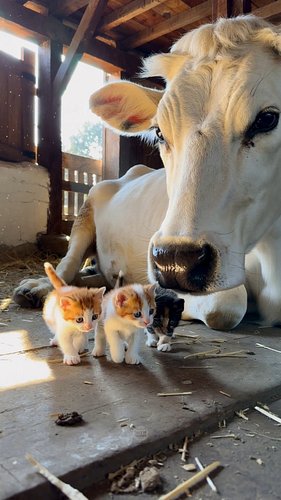 Huge cow is so gentle with the kittens! 😻💕