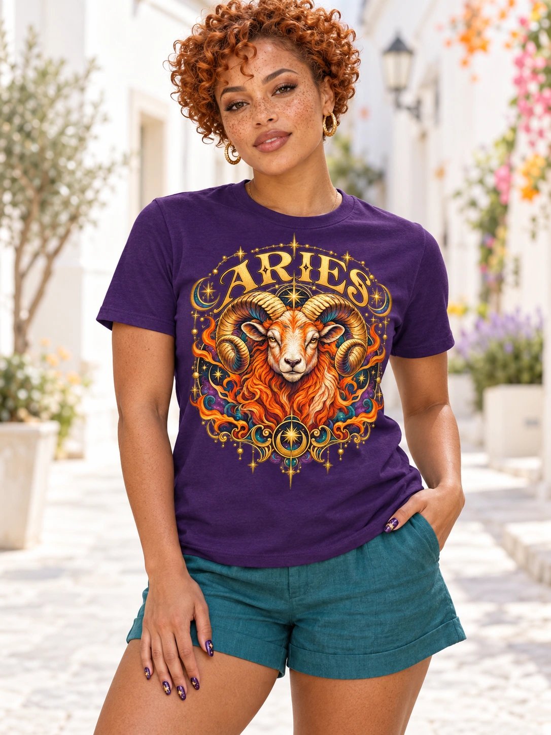 Aries Zodiac T-Shirt With Fiery Ram and Celestial Stars product image (2)