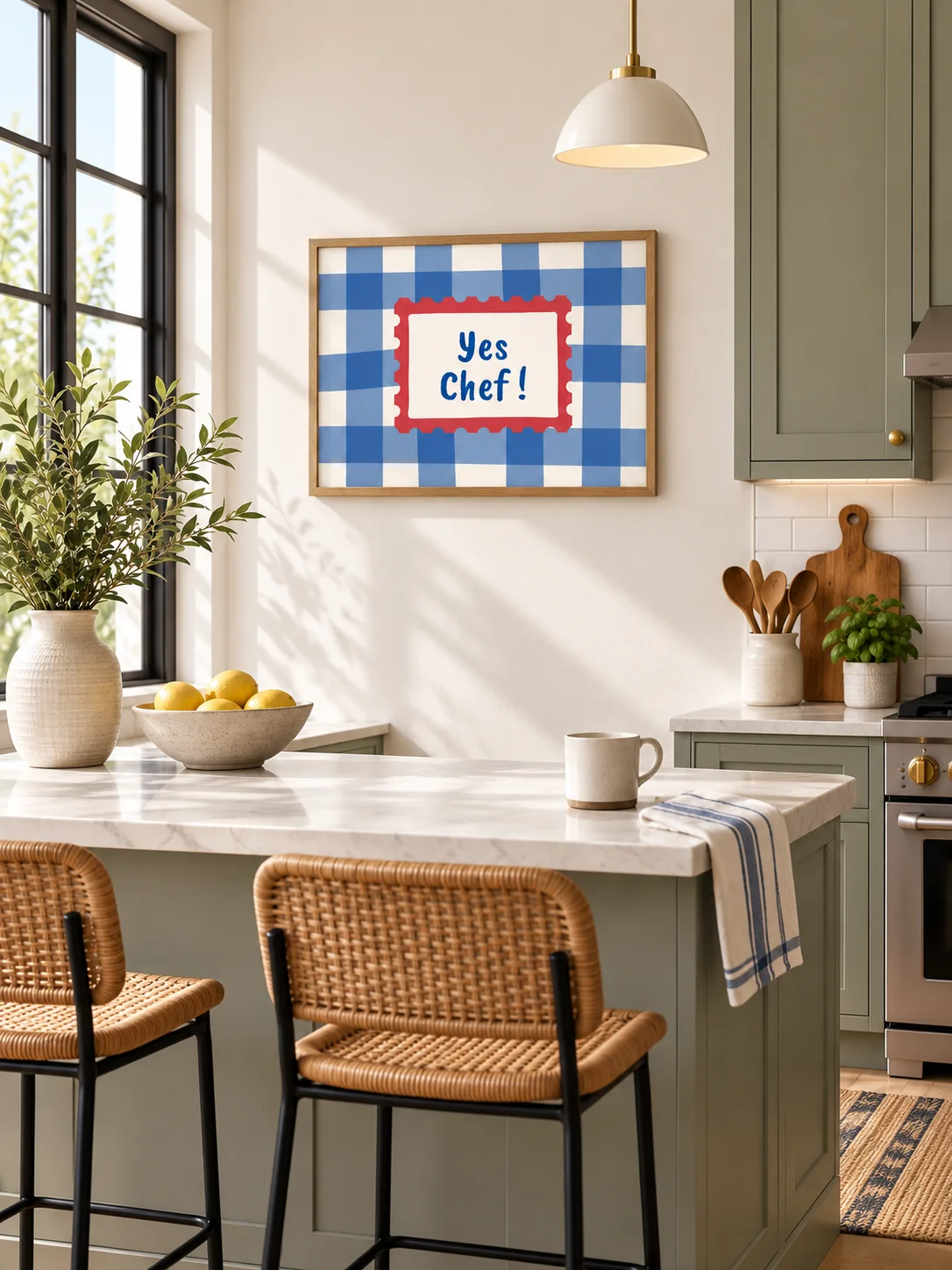 Yes Chef Kitchen Wall Art | Blue Gingham Cooking Quote | Retro Checkered Printable Poster product image (5)