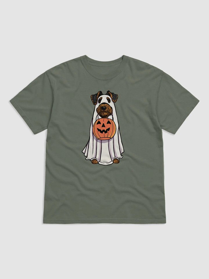 Funny Halloween Airedale Terrier(Black & Tan) T-Shirt | Funny Airedale Wearing a Ghost Costume and Holding a Pumpkin Basket product image (1)