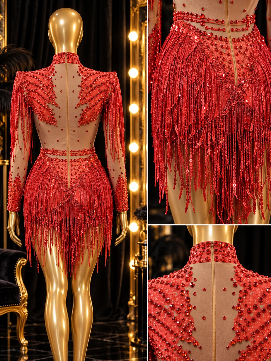 Red fringed rhinestone bodysuit product image (3)