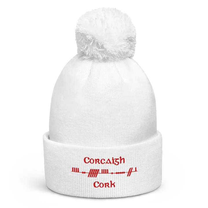 Cork/Corcaigh, Scholastic Style Ogham, white with red, embroidered Pom-Pom Beanie product image (1)