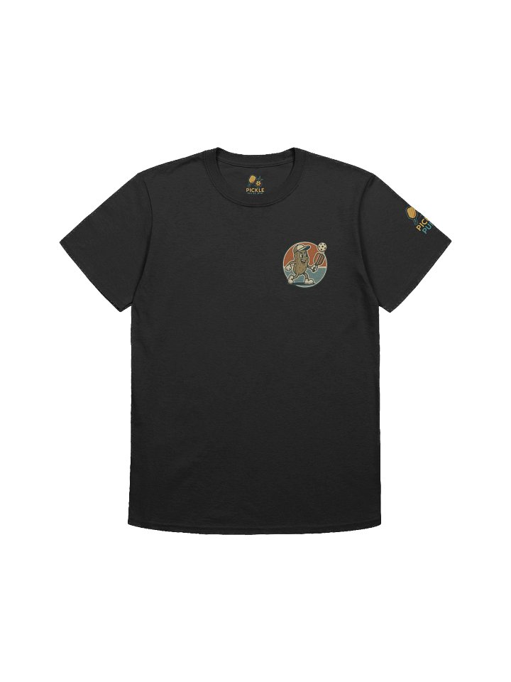Funny Pickleball T-Shirt – Retro Pickle Character Playing with Paddle & Ball – Black Tee product image (1)
