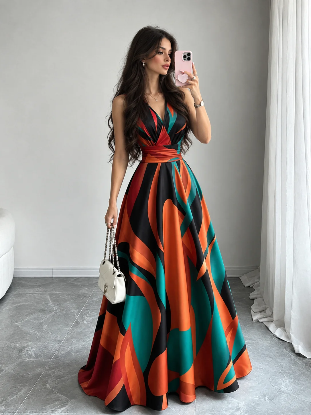 Elenzga Adlest New Vintage Spring/Summer French Style Elegant Fashionable Vacation Design Criss-Cross V-Neck Slimming Tall-Looking Brightening A-Line Maxi Dress Casual Daily product image (2)