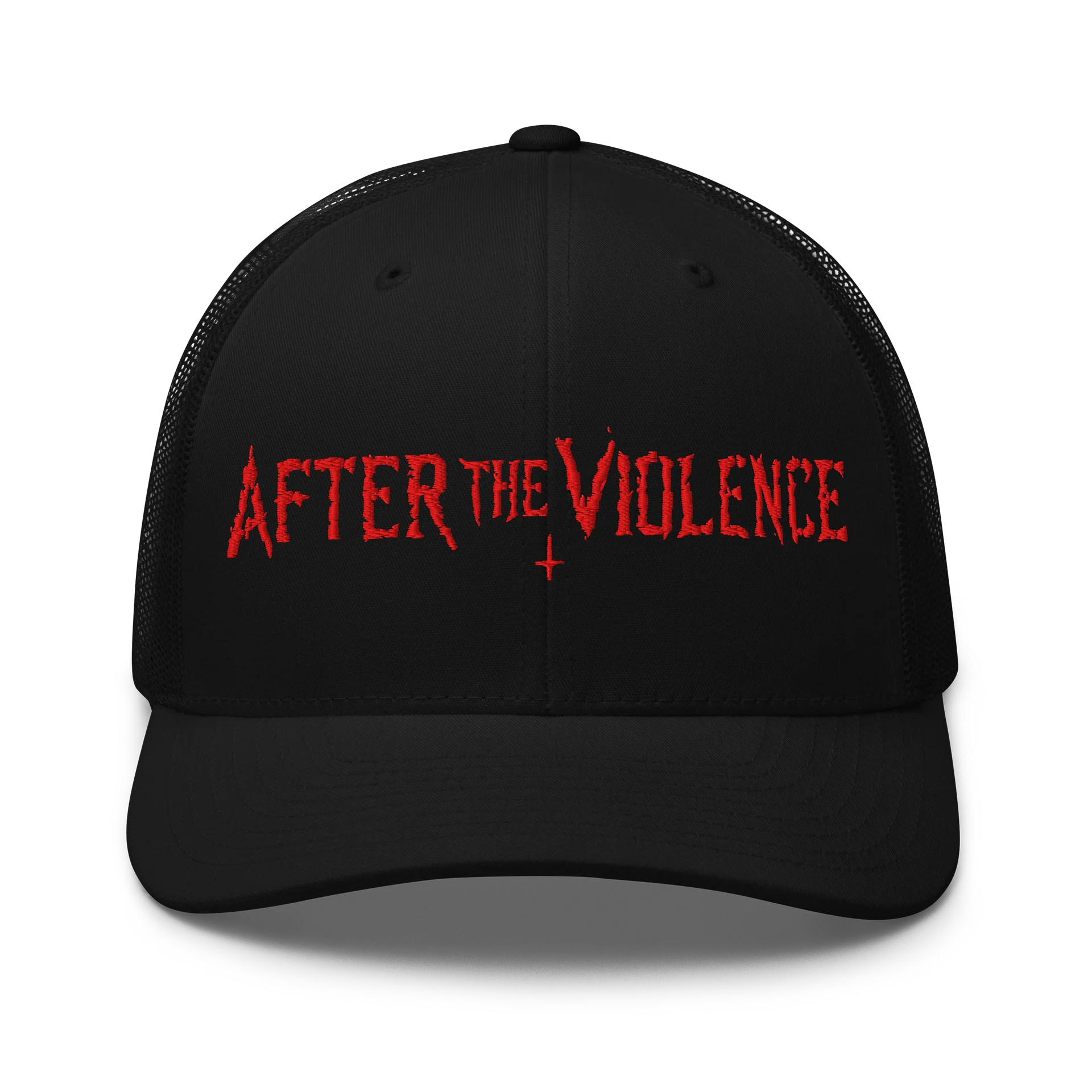 Black After The Violence trucker hat with red embroidered band logo