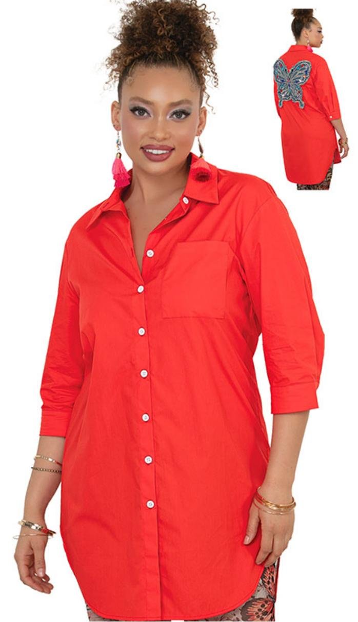 Butterfly Jewel Back Long Button-Up Top - Embellished Shirt product image (2)