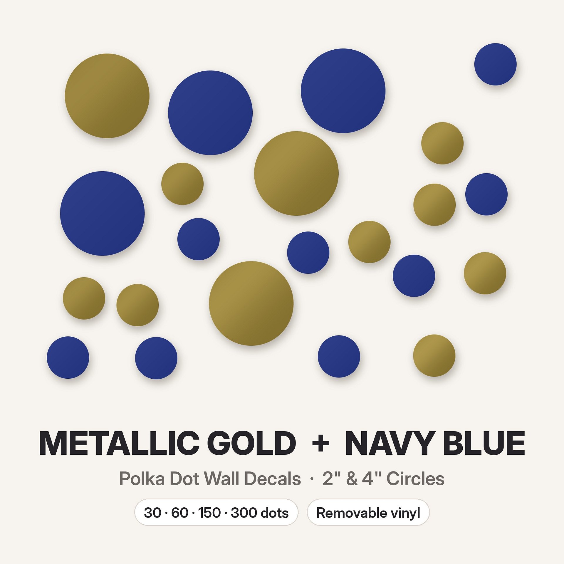 Metallic Gold and Navy Blue Polka Dot Wall Decals, 2" and 4" Vinyl Circle Stickers, Removable Dot Decals for Nursery, Kids Room, Playroom product image (3)