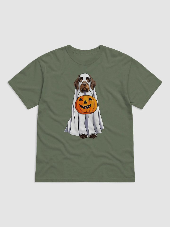 German Wirehaired Pointer Halloween Tee | Funny Halloween GWP Wearing a Ghost Costume with Pumpkin Basket product image (1)
