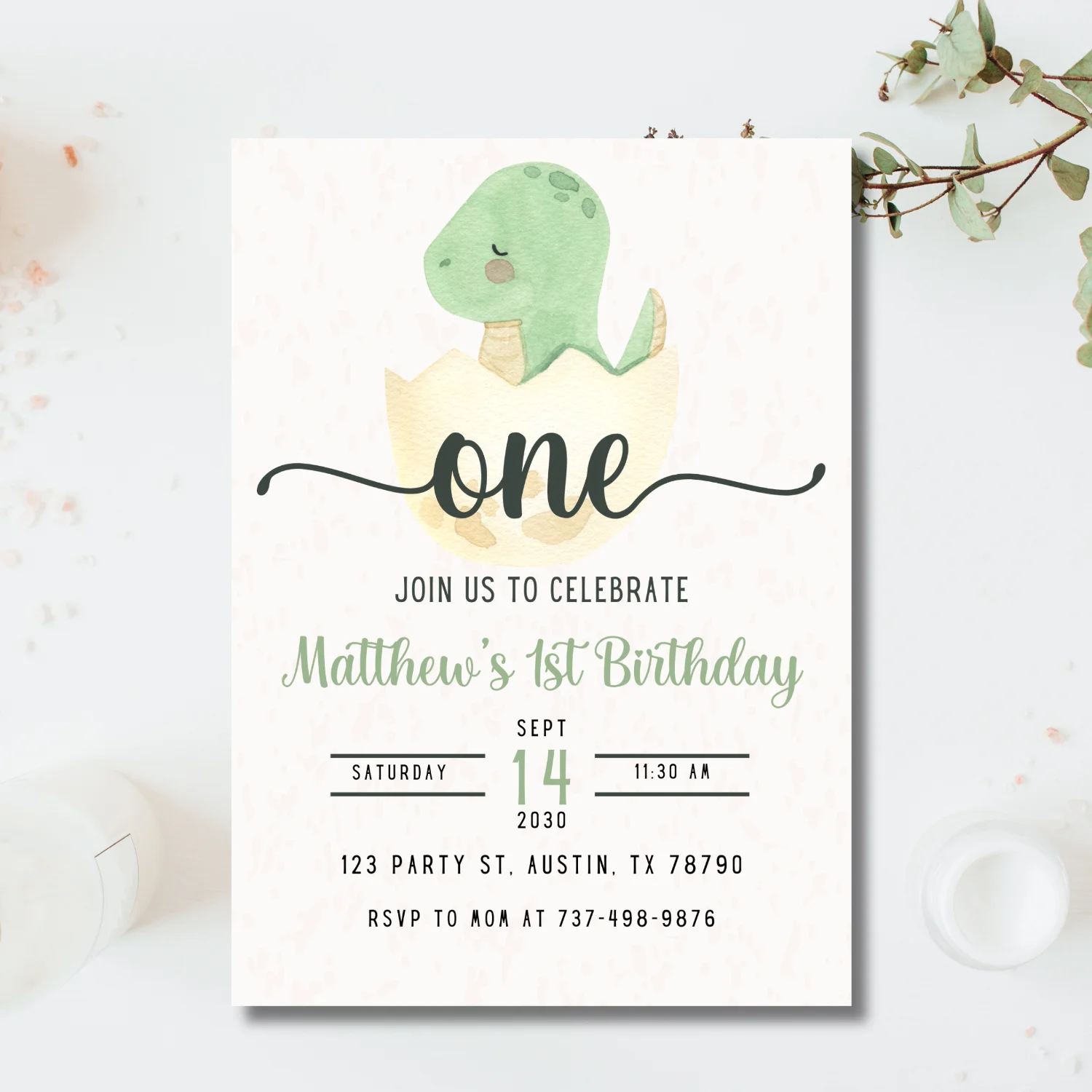 Dino First Birthday Invitation | Baby Dinosaur Egg Party Invite | Editable Canva Template | 1st Birthday Boy | Watercolor Dino Theme product image (5)