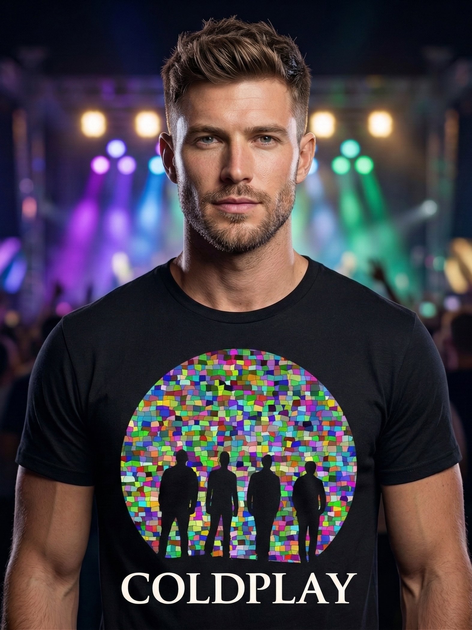 Coldplay T-Shirt | Mylo Xyloto Four Silhouettes Colourful Mosaic Graphic Tee | Music of the Spheres Collector Band Shirt product image (1)