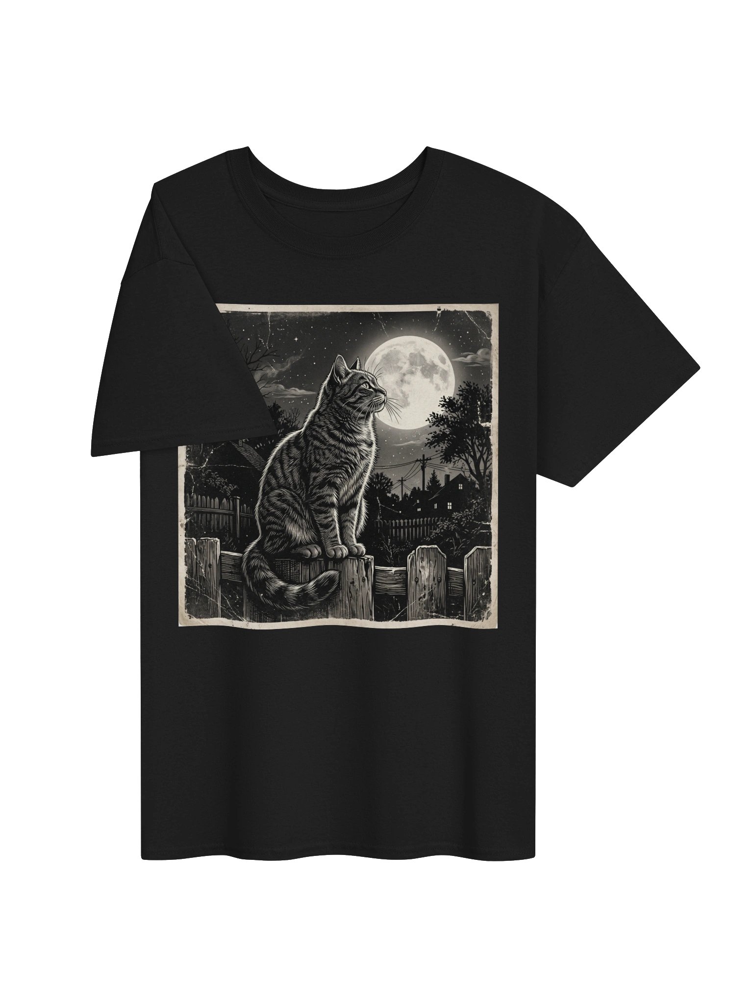 Vintage Cat on Wooden Fence Full Moon T-Shirt product image (3)