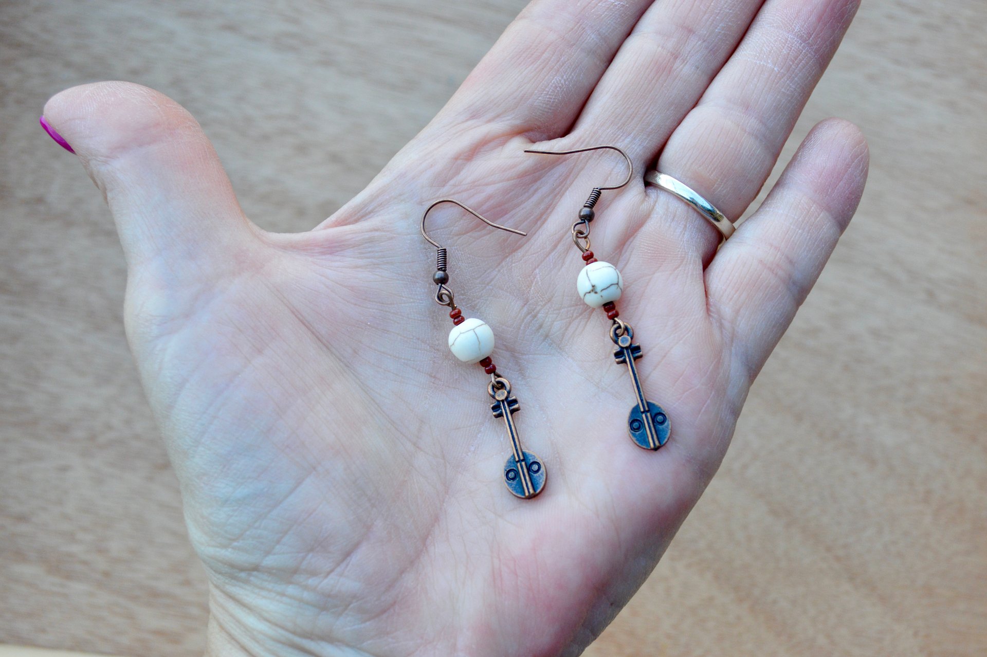Banjo Beaded Copper Dangle Earrings With Tiny Seed Beads product image (3)