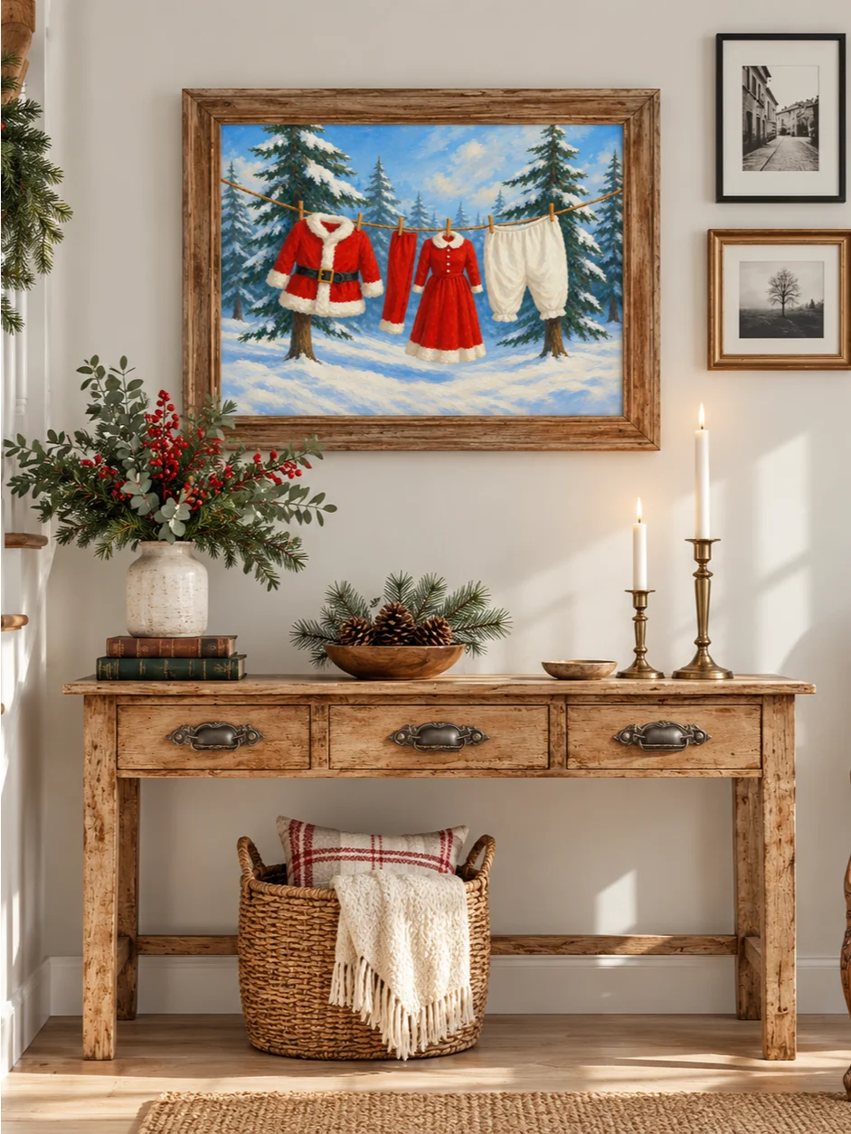 Santa Clothesline Christmas Laundry Room Art, Funny Holiday Print, Whimsical Winter Poster, Snow Covered Forest Scene, Printable Wall Decor product image (8)