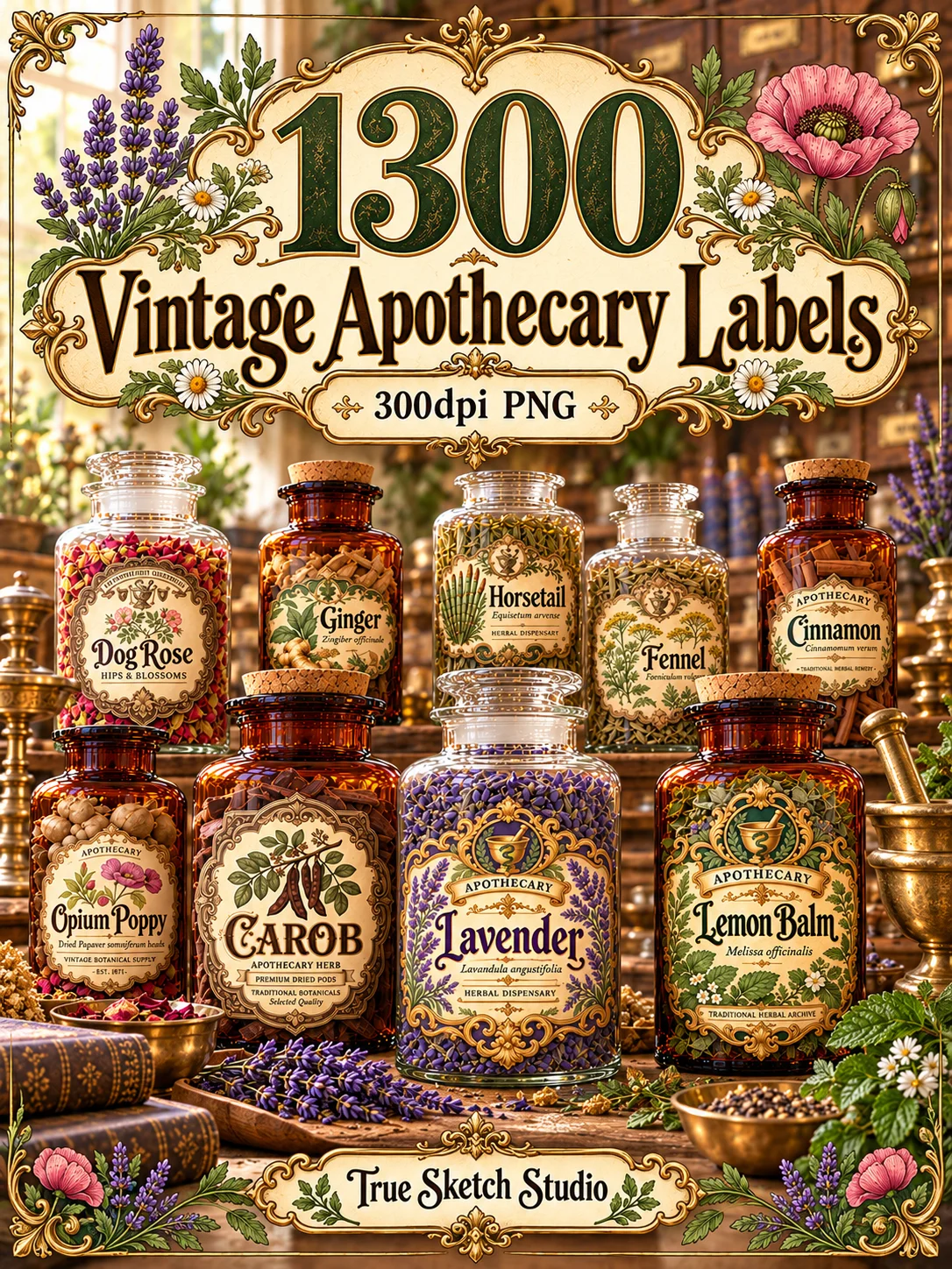 1300 Vintage Botanical Apothecary Labels, Printable Herb Jar PNG Bundle, Victorian Pharmacy Clipart, Junk Journal Ephemera Designs product image (1)