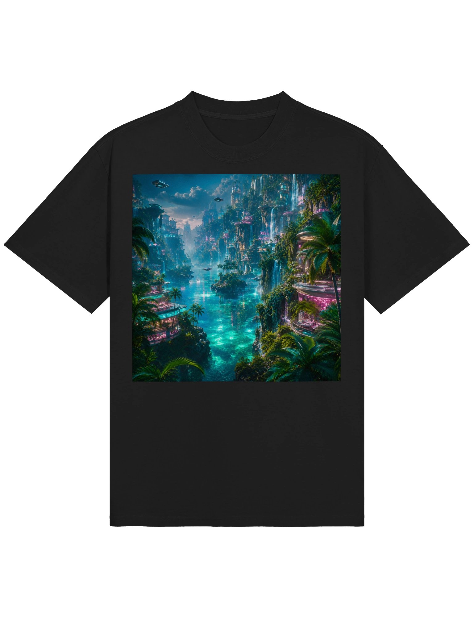 Futuristic Paradise T-Shirt | Unisex Neon Tropical City Tee | Emerald Turquoise Sci-Fi Resort Art product image (2)