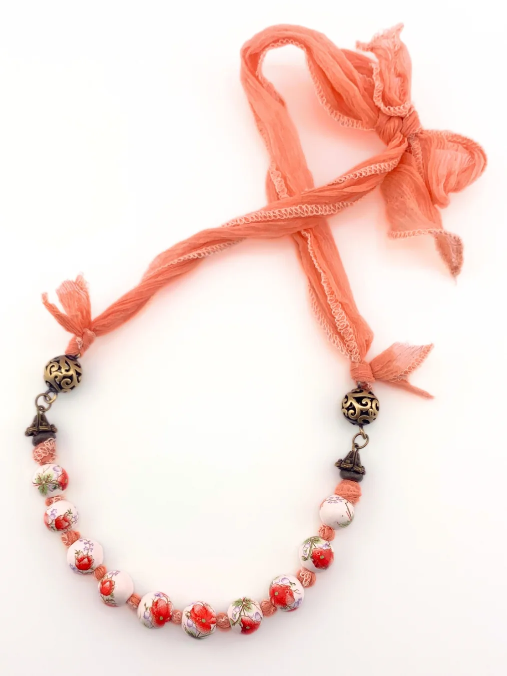 Peach Floral Beaded Necklace on SIlk Ribbon product image (4)