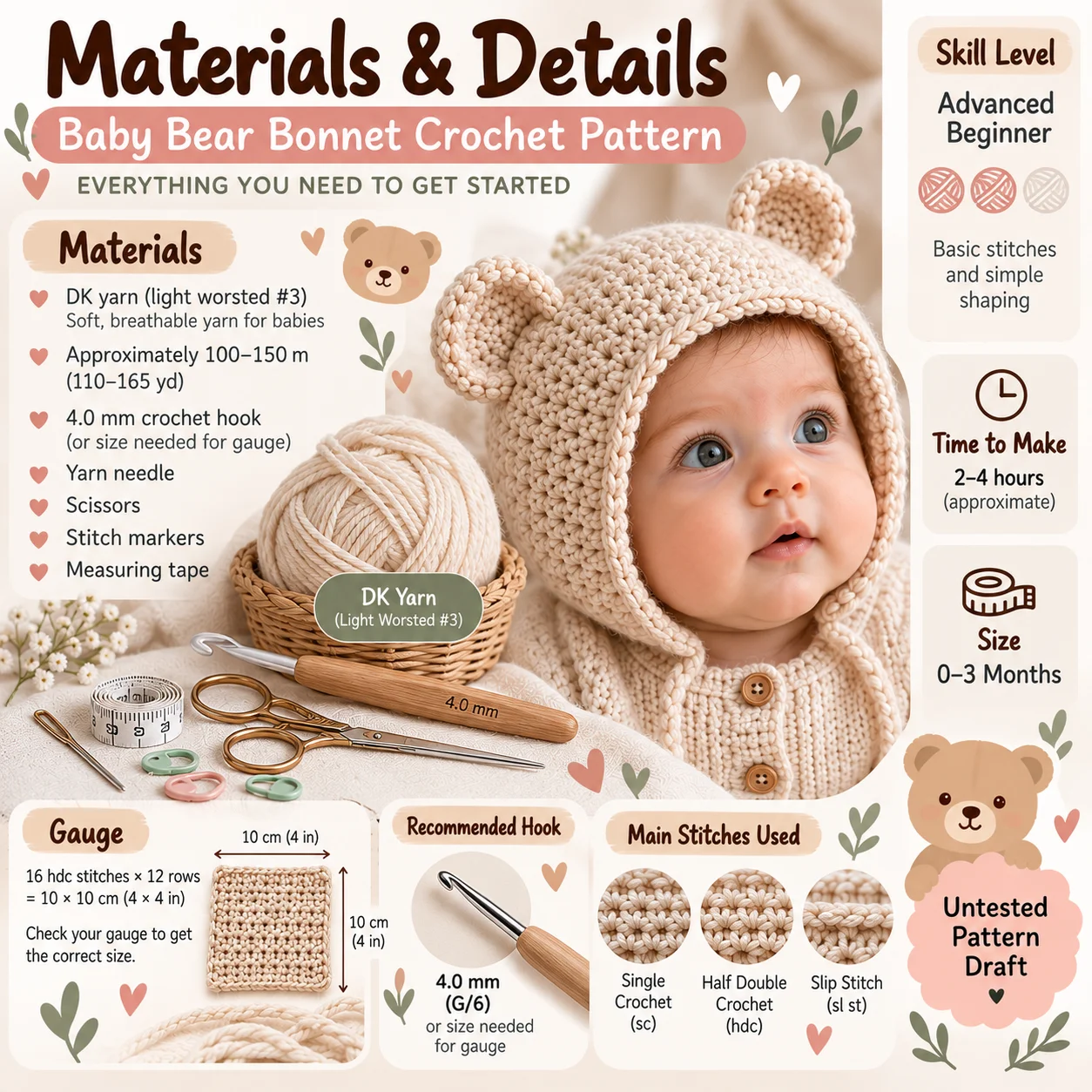Baby Bear Bonnet Crochet Pattern PDF | 0–3 Months | Bear Ear Baby Hat product image (5)