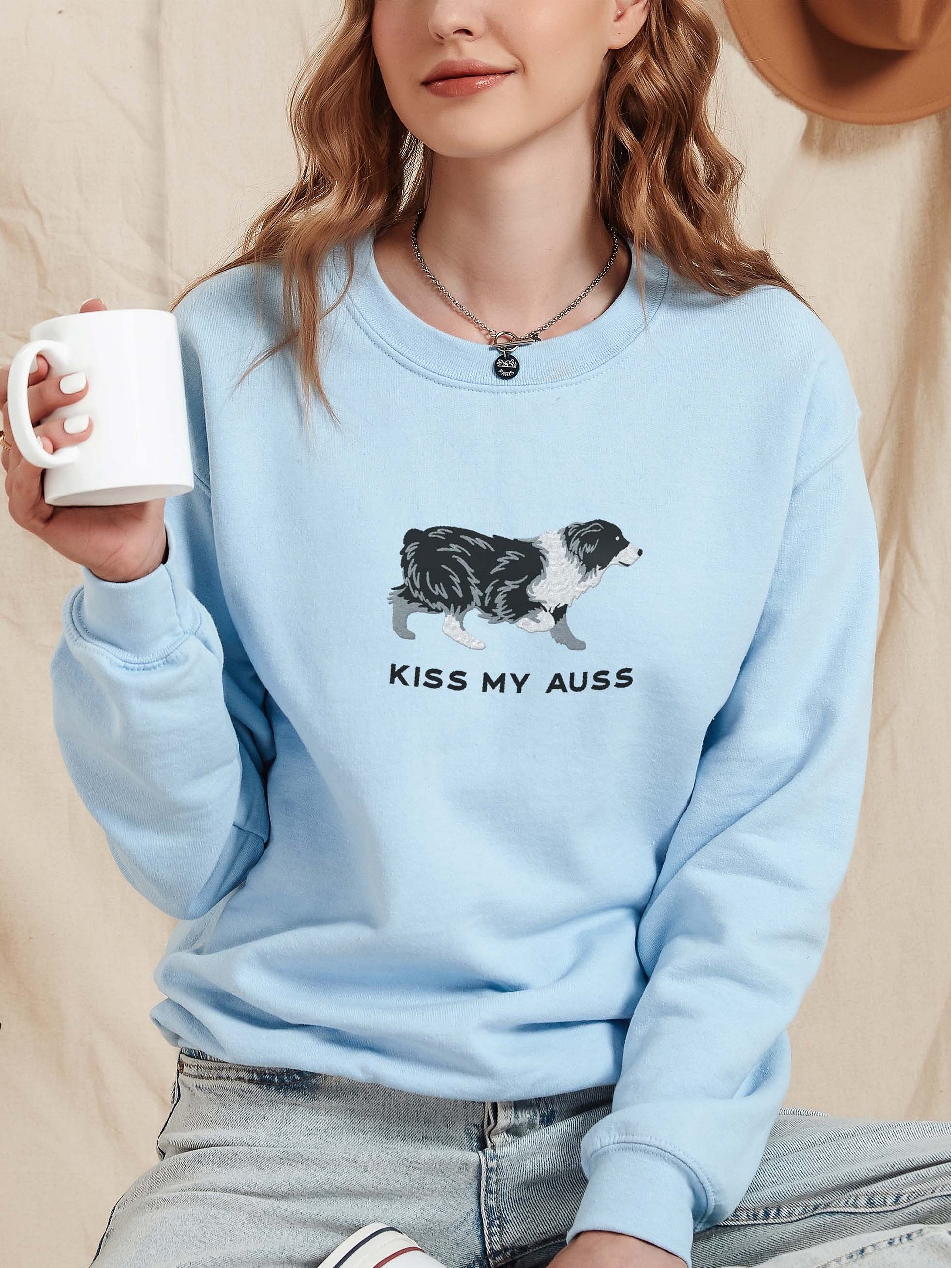 Kiss My Auss Sweatshirt (Embroidered) of an Australian Shepherd(Black & White) product image (2)