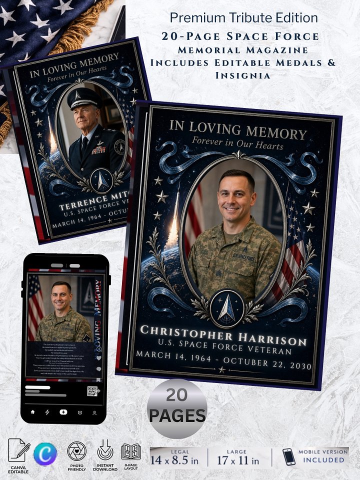 U.S. Space Force Memorial Magazine Bundle - 20 Page Funeral Program & Mobile Tribute - Canva Template product image (1)