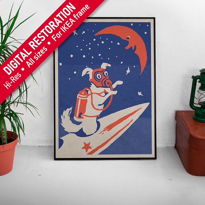 Laika, first space dog, USSR 1950s — Soviet vintage space art poster, soviet retro poster product image (1)