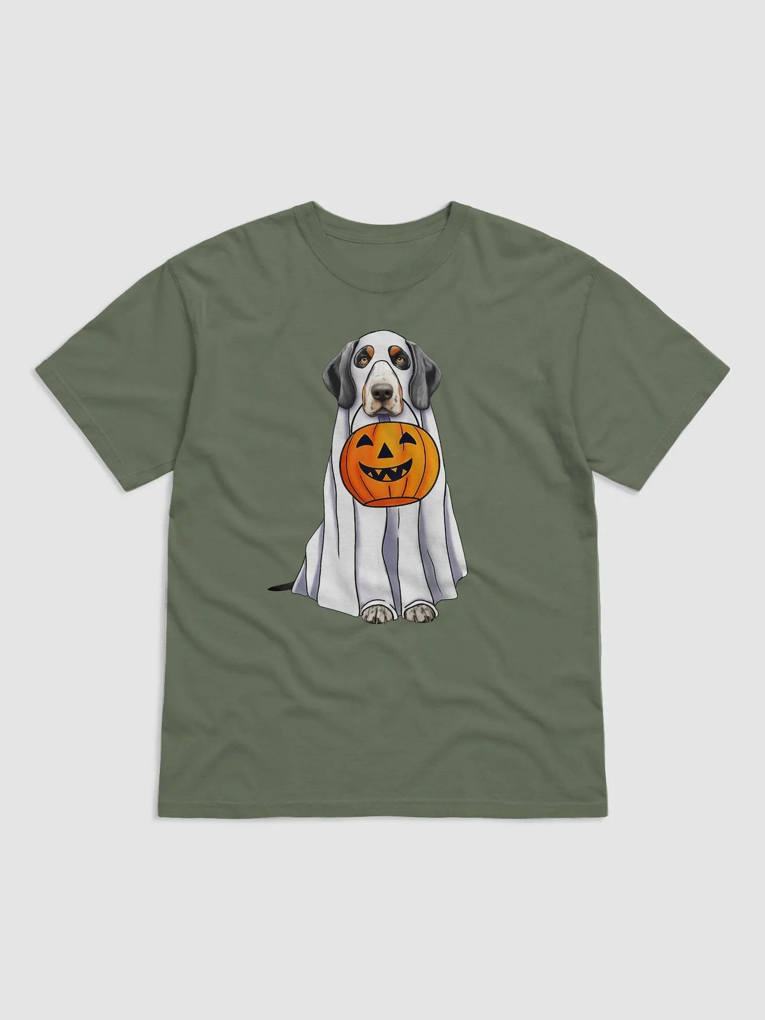 Bluetick Coonhound Halloween Tee | Funny Halloween Bluetick Wearing a Ghost Costume with Pumpkin Basket product image (1)