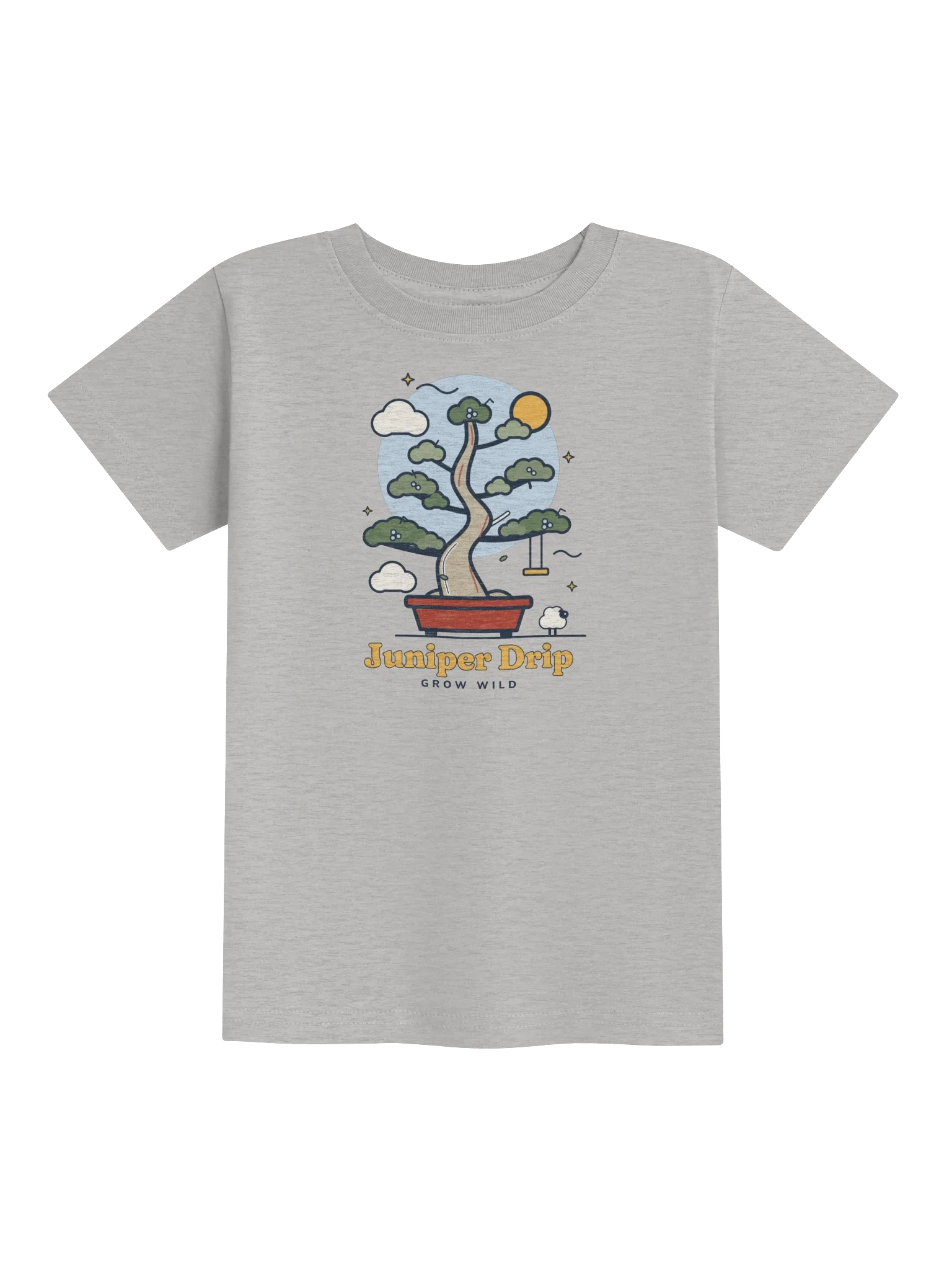Wild Juniper Toddler Tee in Heather: a juniper bonsai tree with a rope swing and a tiny sheep