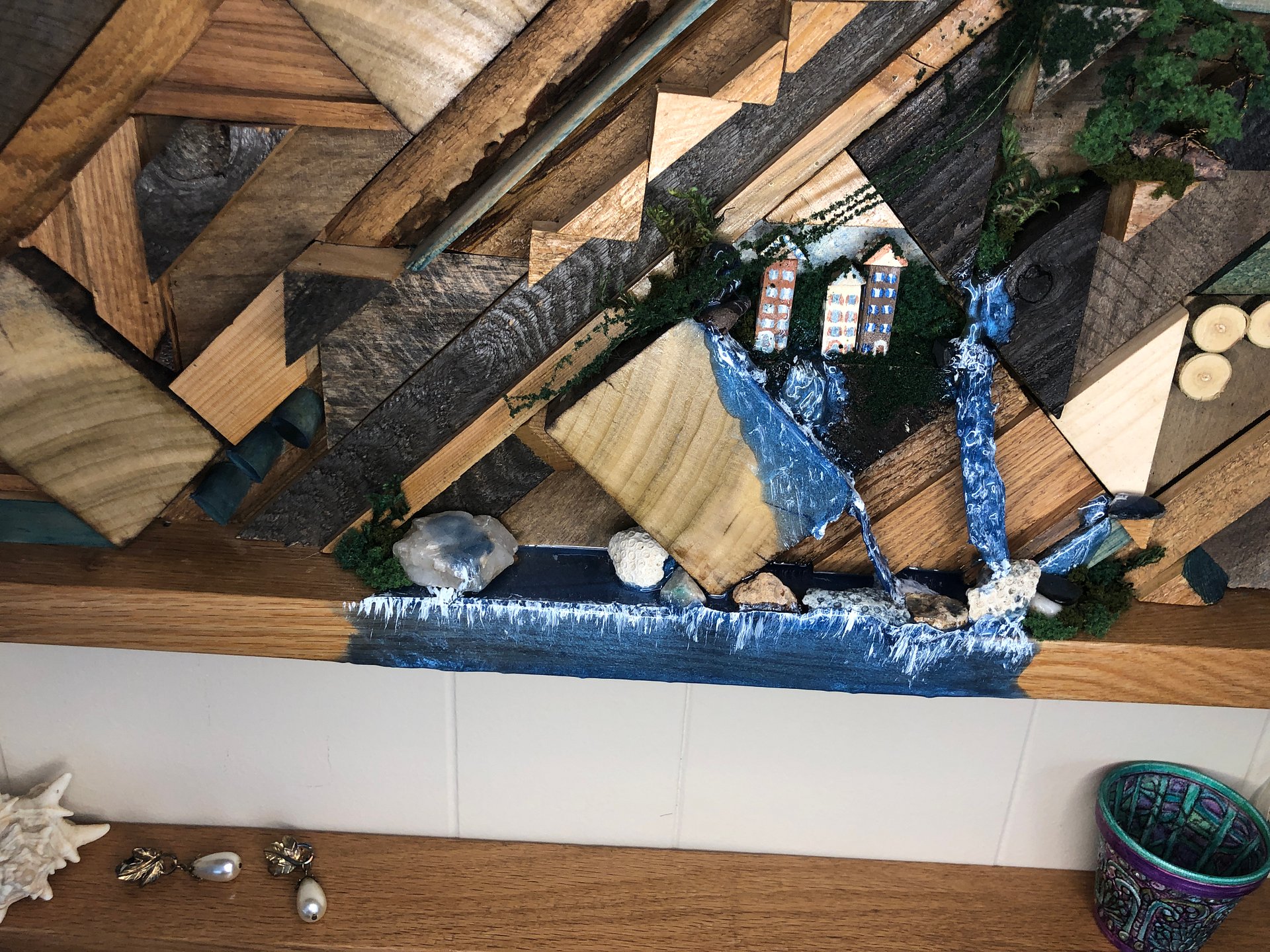 OOAK Wood wall shelf with branch pole and mini landscape diorama product image (4)
