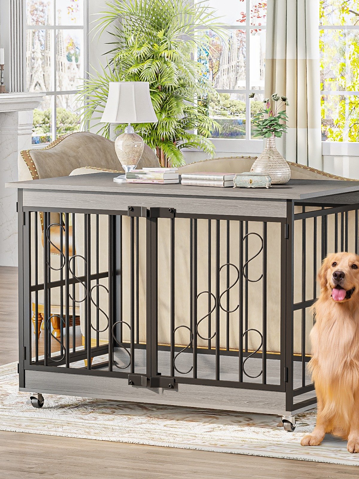 48 Inch Dog Cage Furniture for Extra Large Dog, Double-Doors Heavy Duty Dog Crate with 360° Caster Wheels, Dog Kennel Indoor Decorative Pet House Dog Cage Table, Gray product image (1)